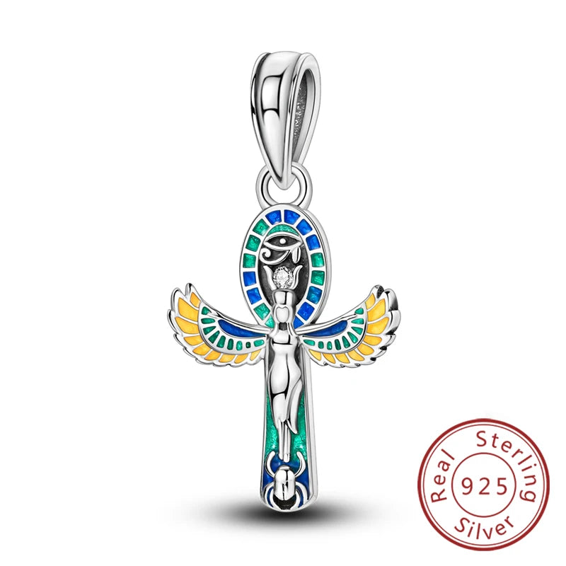 Sterling silver cross charm with angel and evil eye designs for DIY jewelry making