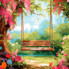 A wooden swing hangs from a tree branch in a lush garden with pink and orange blossoms and a path leading to a calm body of w