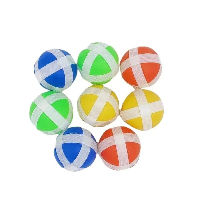 A set of nine colorful, striped foam balls used for target shooting games.