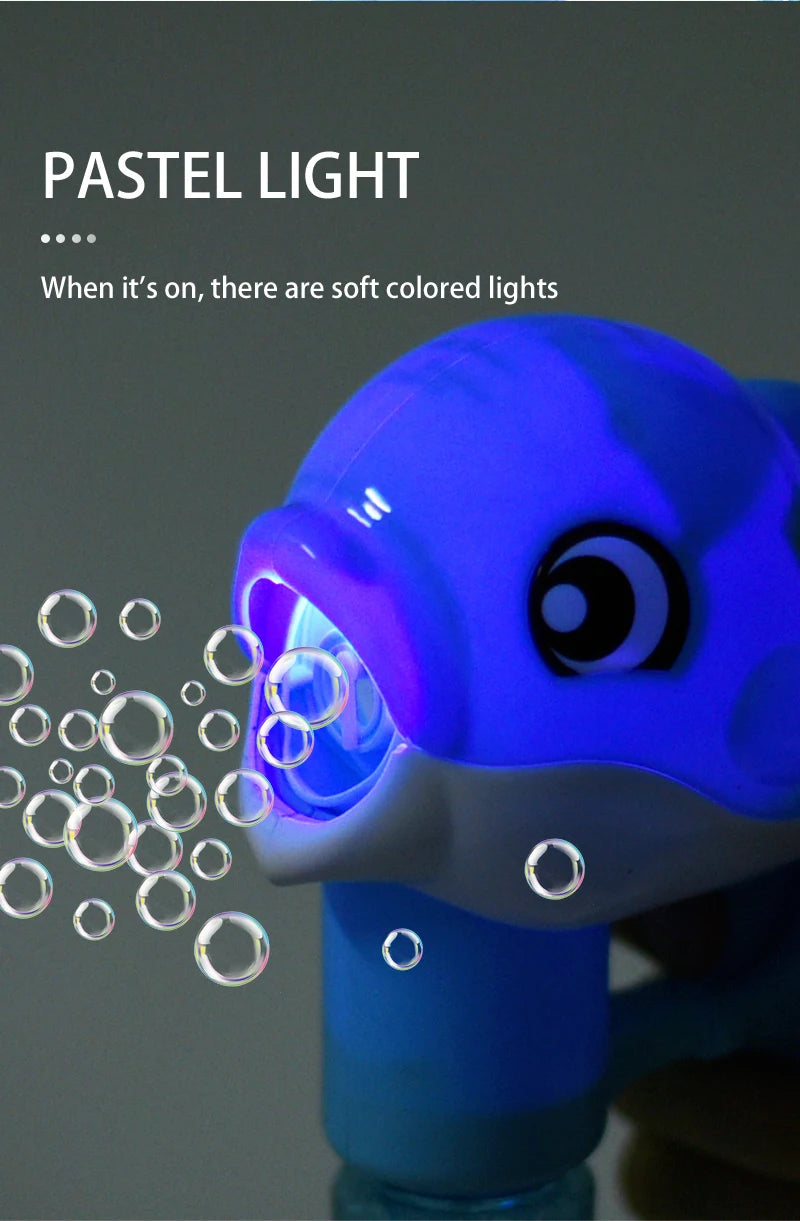 A close-up of a blue whale bubble gun emitting soft colored lights and bubbles.