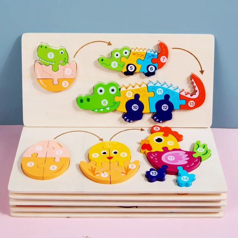 A wooden puzzle featuring cartoon dinosaurs in various stages of growth and change.