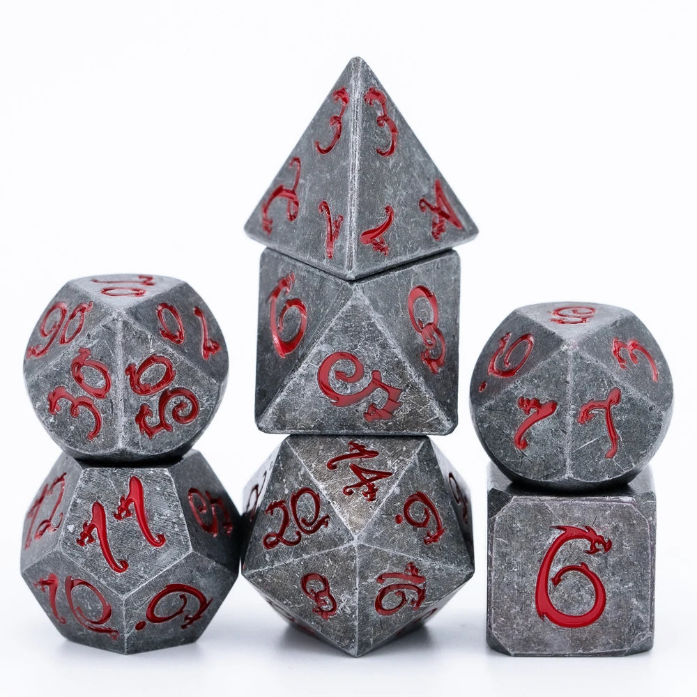 Premium Metal Polyhedral Dice Set with Dragon Font