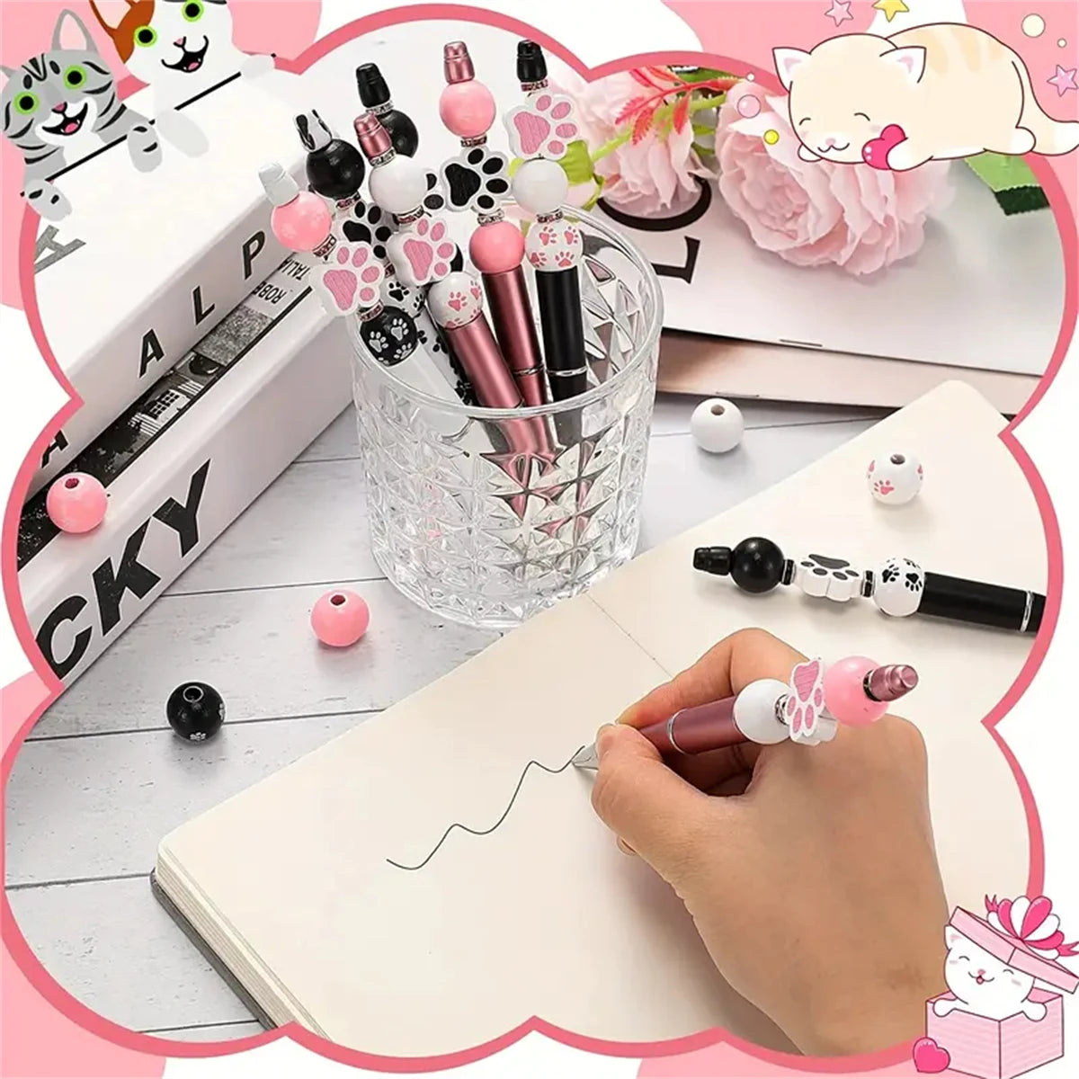 Cat Paw DIY Beaded Pen Set - 6 Pastel & Black Ballpoint Pens