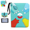 A teal PU leather card binder with a zipper closure featuring colorful animal and geometric designs.
