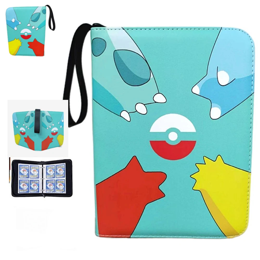 A teal PU leather card binder with a zipper closure featuring colorful animal and geometric designs.