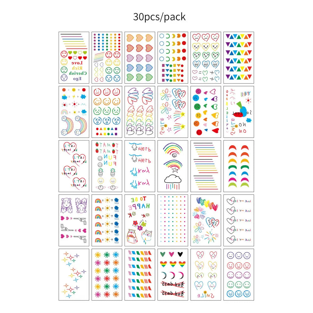 A collection of 30 temporary tattoos for kids and adults featuring various colorful designs and patterns.