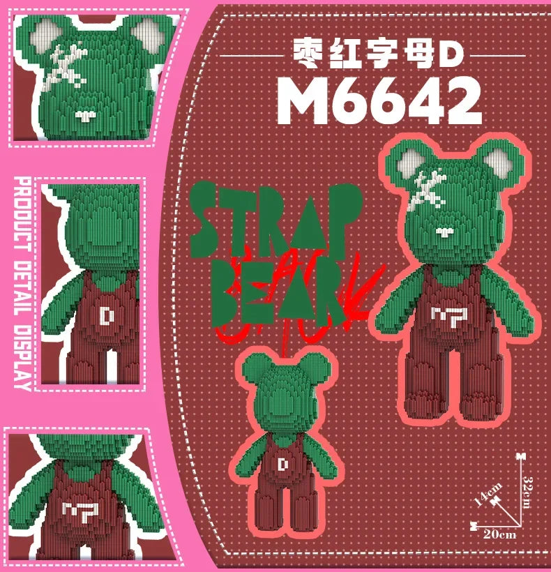 A close-up view of a green bear mini building block set with a brown strap and a pink background.