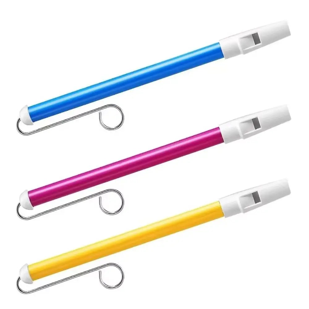A set of three slide whistles in blue, pink, and yellow with metal clips.