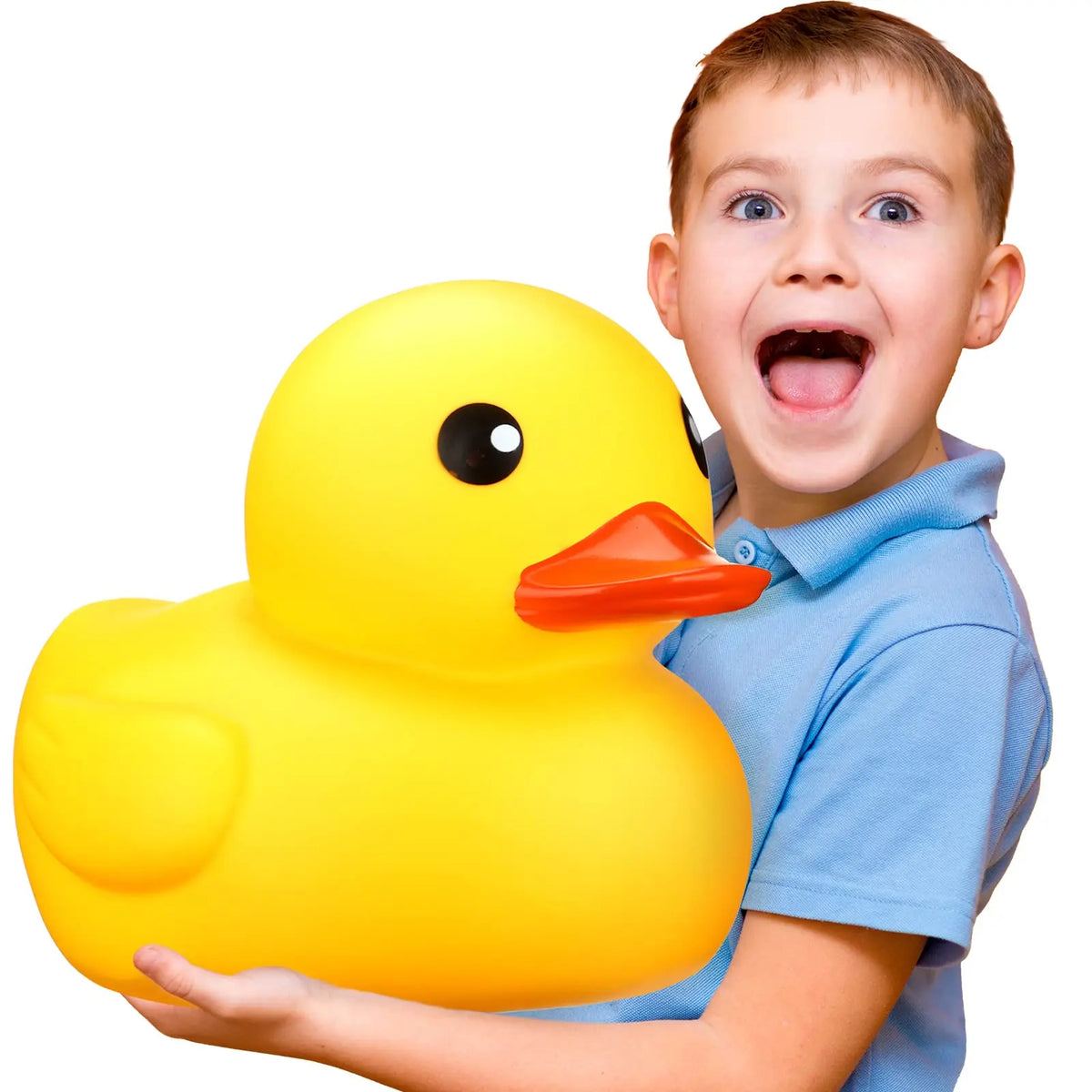 A young boy is holding a bright yellow rubber duck toy.