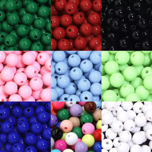 A grid of colorful acrylic spacer beads in various shades including green, red, blue, and white.