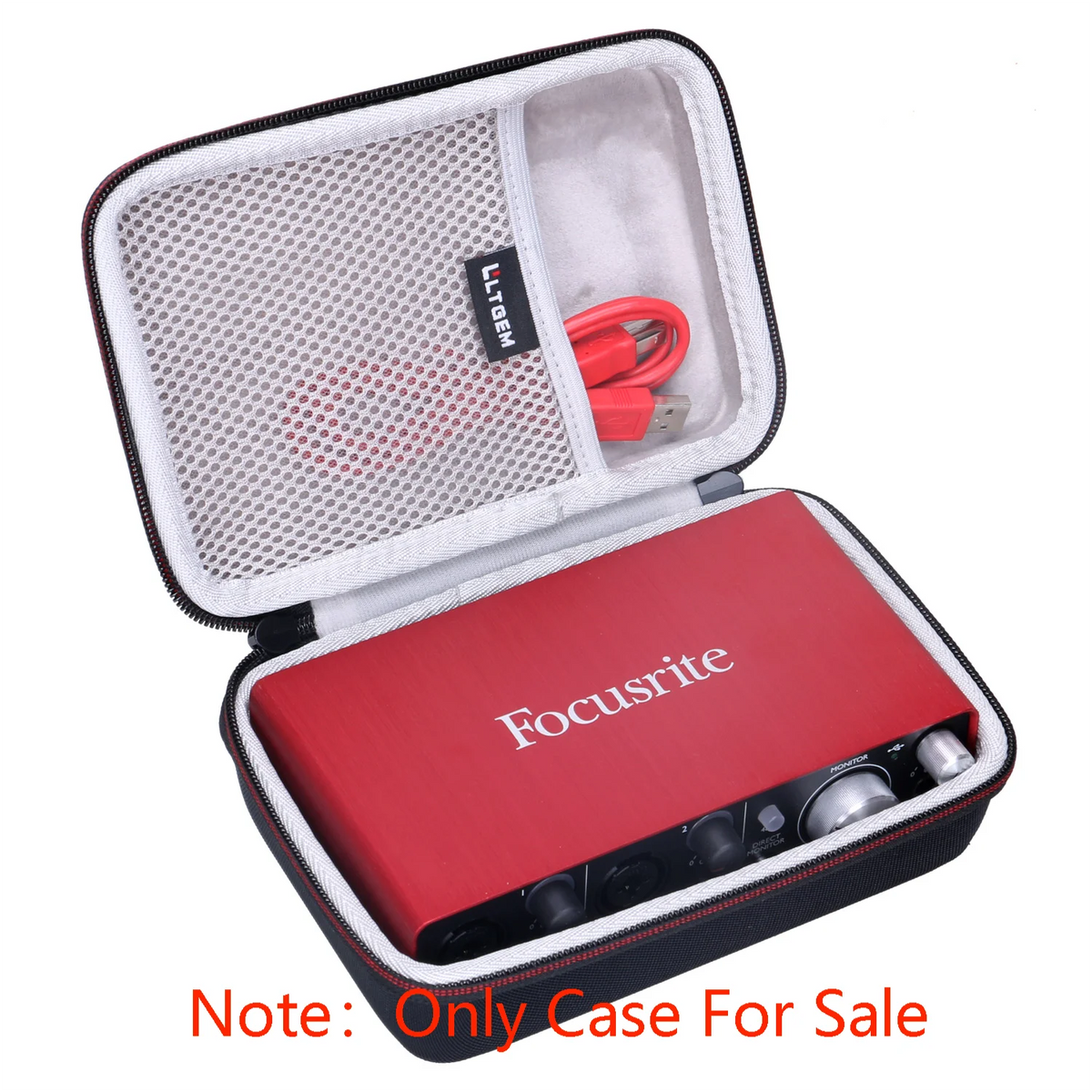 Red protective EVA hard case for Focusrite audio interfaces with foam padding and protective mesh interior