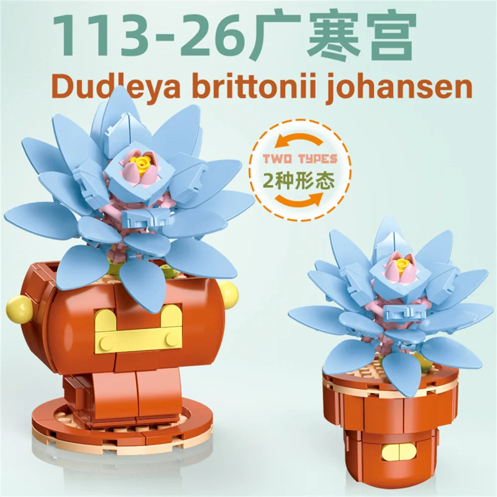 A model of a blue succulent plant made from LEGO bricks, featuring two types of flowers.