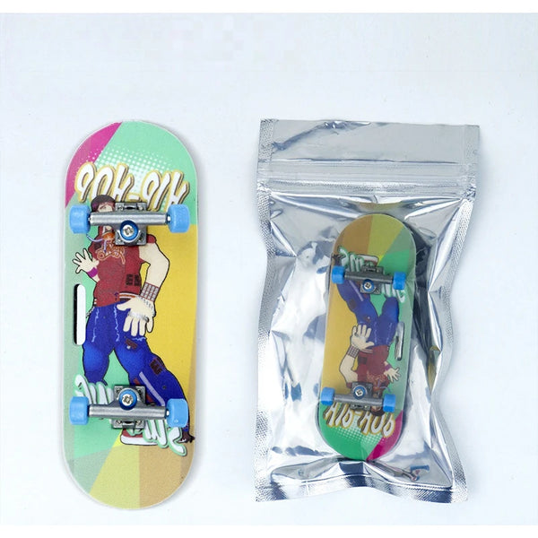 A silver foil packet containing a finger skateboard with a colorful graphic design.