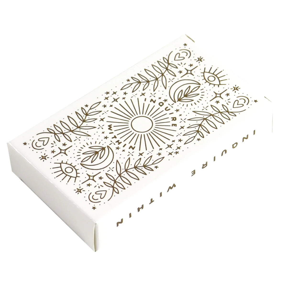 A white box featuring hand-illustrated designs of suns, leaves, and stars for Inquire Within oracle cards.