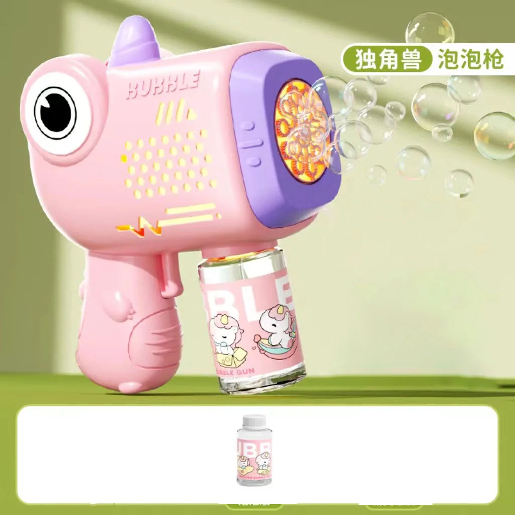 Pink bear-shaped automatic bubble gun with lights and a glass bottle of liquid for kids