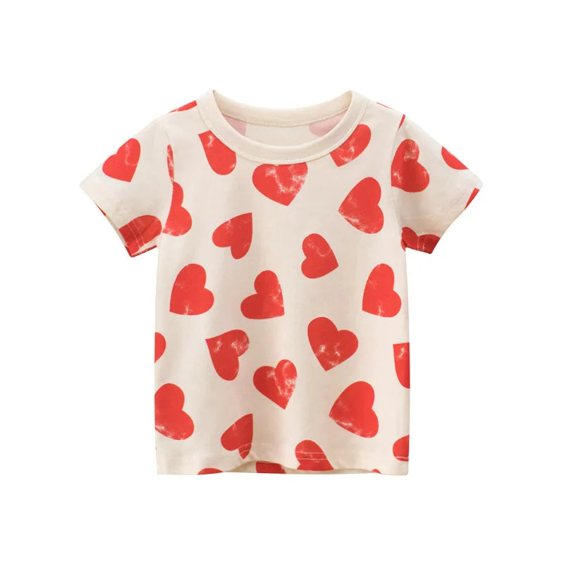 A white short-sleeve cotton t-shirt for girls printed with red hearts.