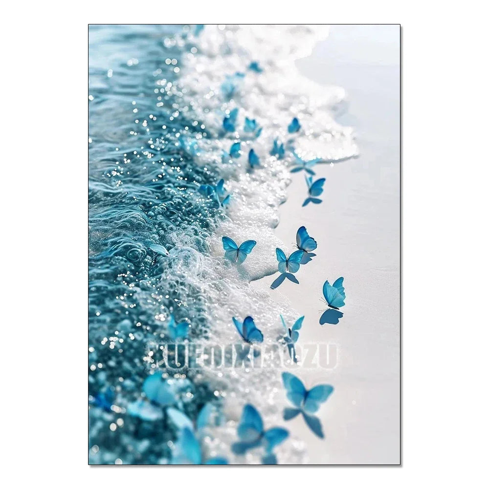 Close-up of a blue butterfly landing on the white foam of a sea wave.