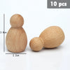 Ten natural wooden rainbow building blocks shaped like stylized figures.