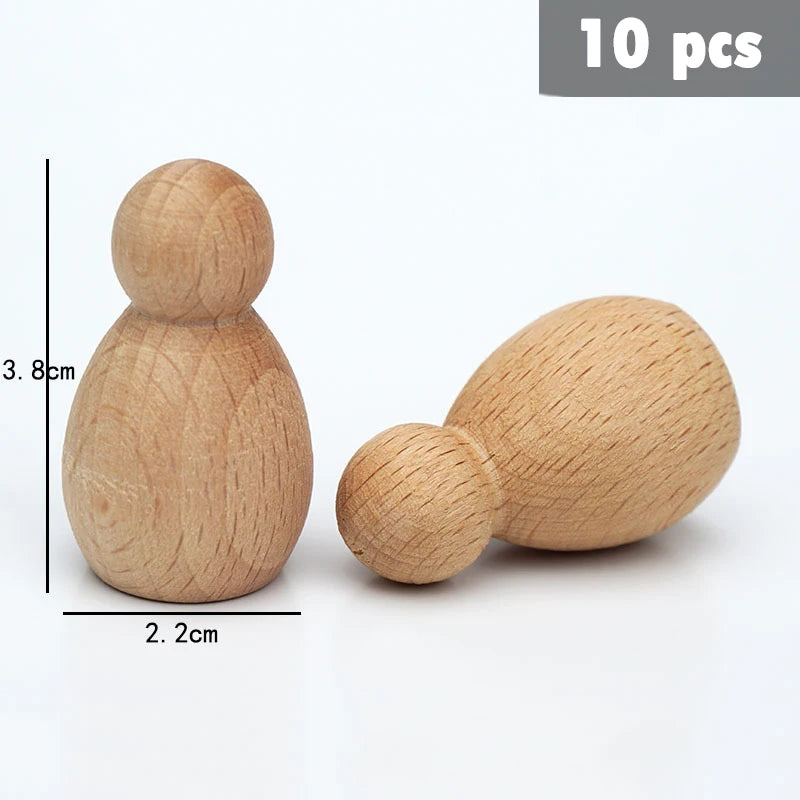Ten natural wooden rainbow building blocks shaped like stylized figures.