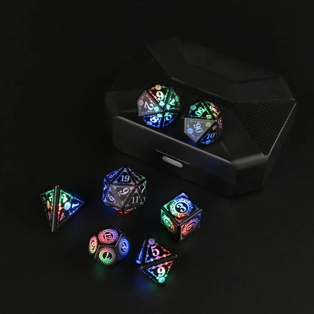 A set of rechargeable LED glow dice displayed inside a black box.