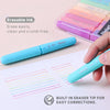 A hand holds a light blue erasable ink pen with an eraser tip, demonstrating easy corrections on paper.