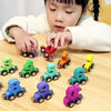 A child is interacting with a wooden magnetic number train set featuring colorful numbered blocks.