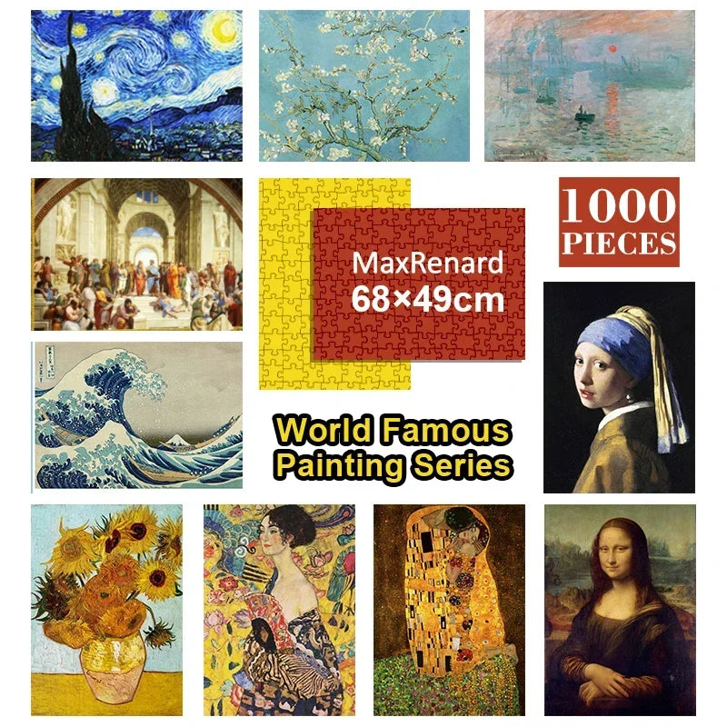 A collection of Van Gogh Starry Night paintings presented as a 1000-piece jigsaw puzzle set.