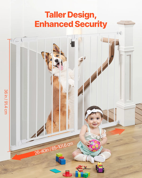 A white stainless steel pressure mount pet and baby gate is shown in a living room setting with a toddler nearby.