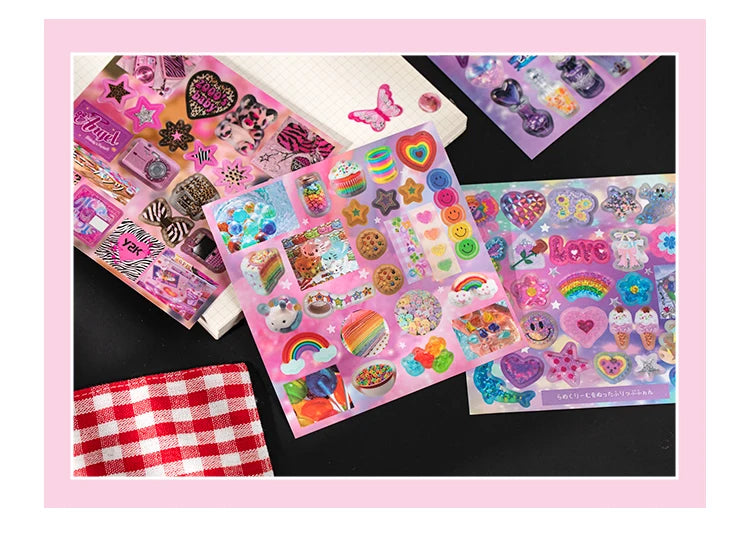 A colorful die-cut sticker pack featuring hearts, stars, and various cute designs on pink and purple backgrounds.