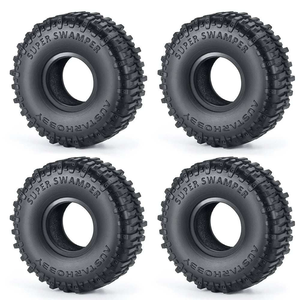 Quatre vues de roues en caoutchouc souple noires pour voitures crawler RC
