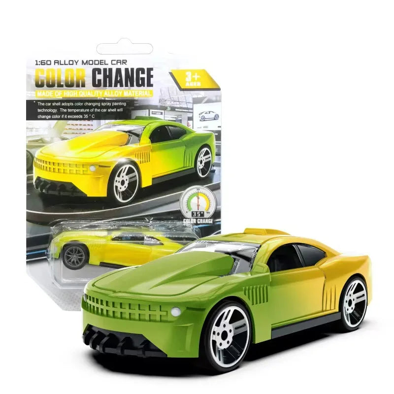 A yellow model car with a green color change feature is shown in a pull-back racing car kit.