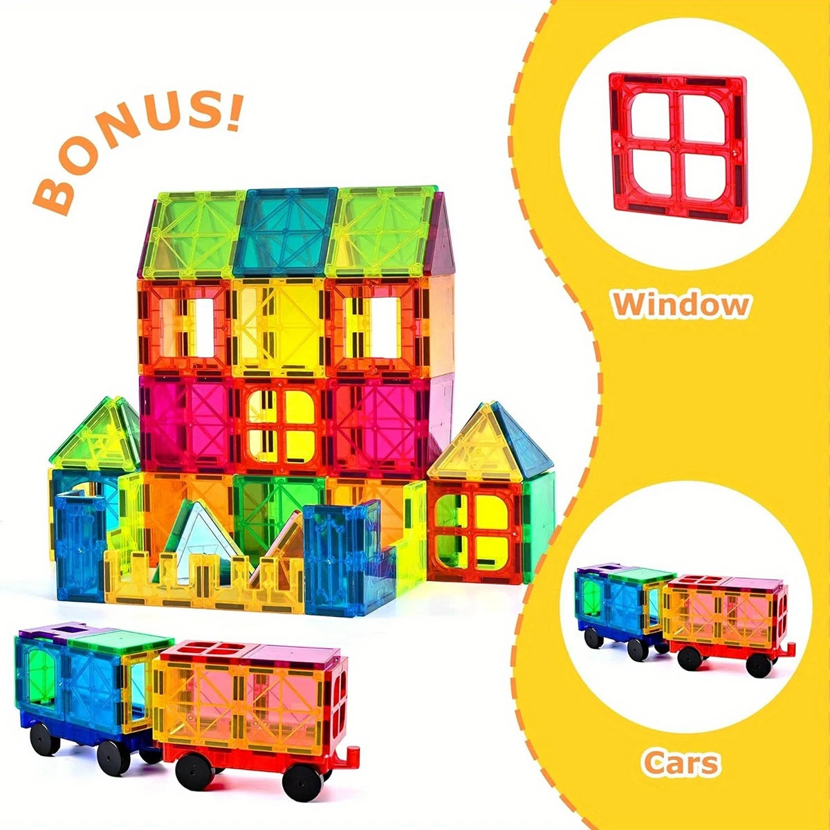 A colorful structure made of magnetic building blocks featuring window and car models.