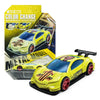 A yellow pull-back racing car model with a color change feature is shown next to its packaging.