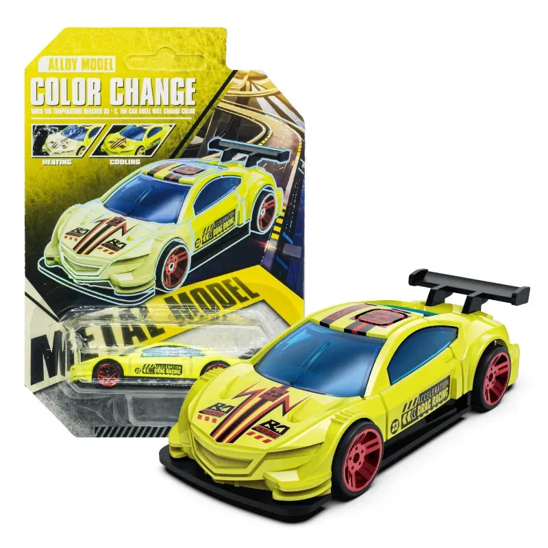 A yellow pull-back racing car model with a color change feature is shown next to its packaging.