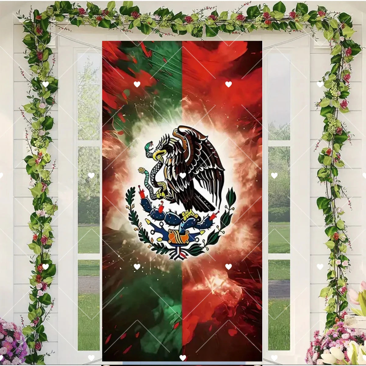 A door cover featuring a vibrant Mexican flag design with an eagle emblem framed by lush green vines.