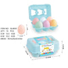 A light blue plastic container holding seven colored and shaped eggs for a Montessori matching toy.