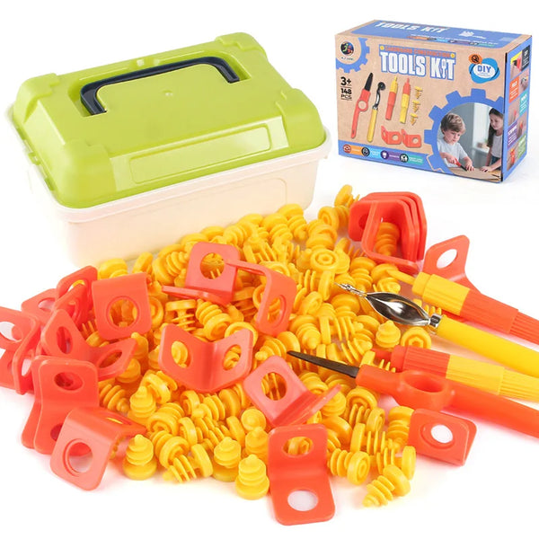 A yellow and orange cardboard tool kit with various plastic tools and a screwdriver is shown next to its packaging box.