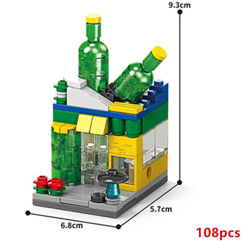 A green and yellow mini city shop building block set featuring bottles, a display case, and accessories.
