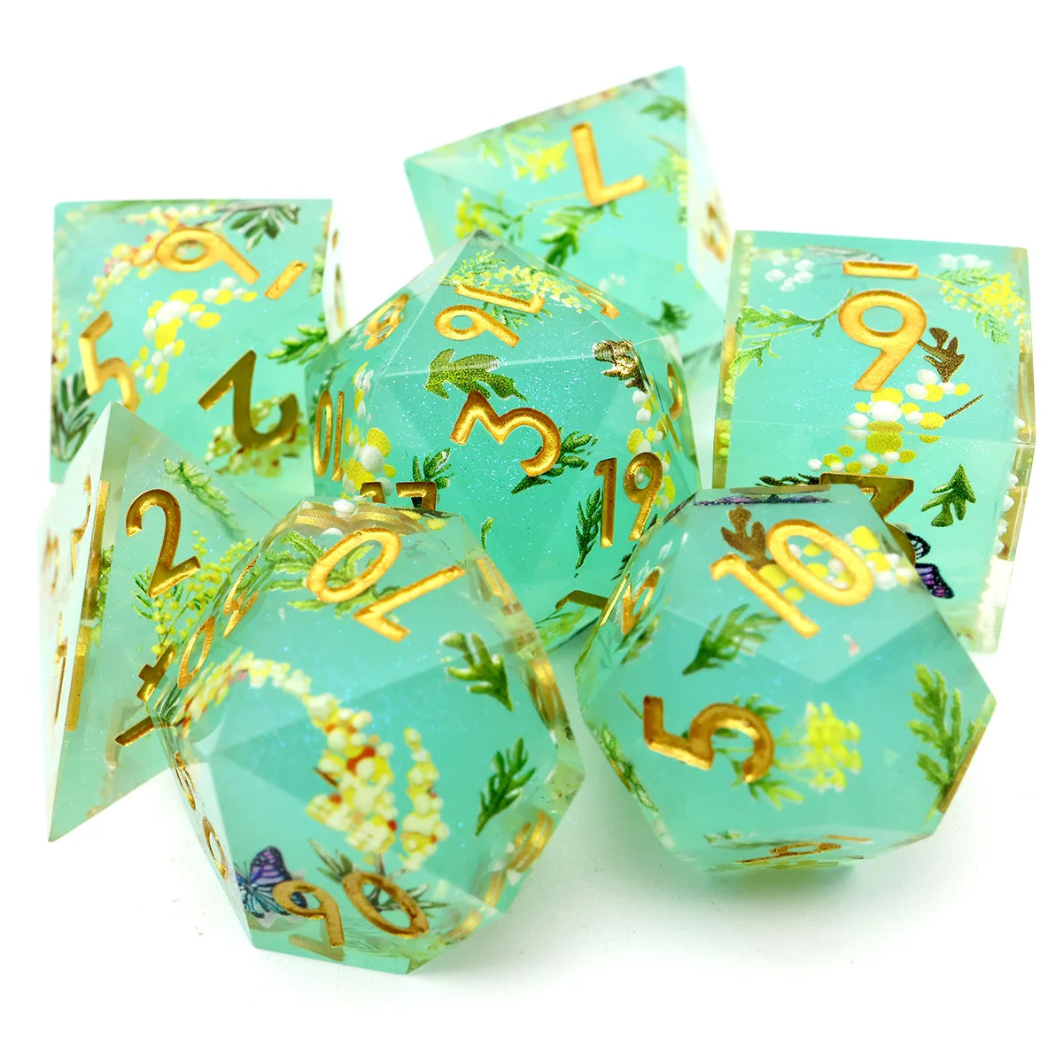 Handmade Resin D&D Dice Set – 7 Polyhedral Dice with Floral Design