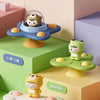 Three different style suction cup spinner bath toys for toddlers shown in various colors and arrangements.