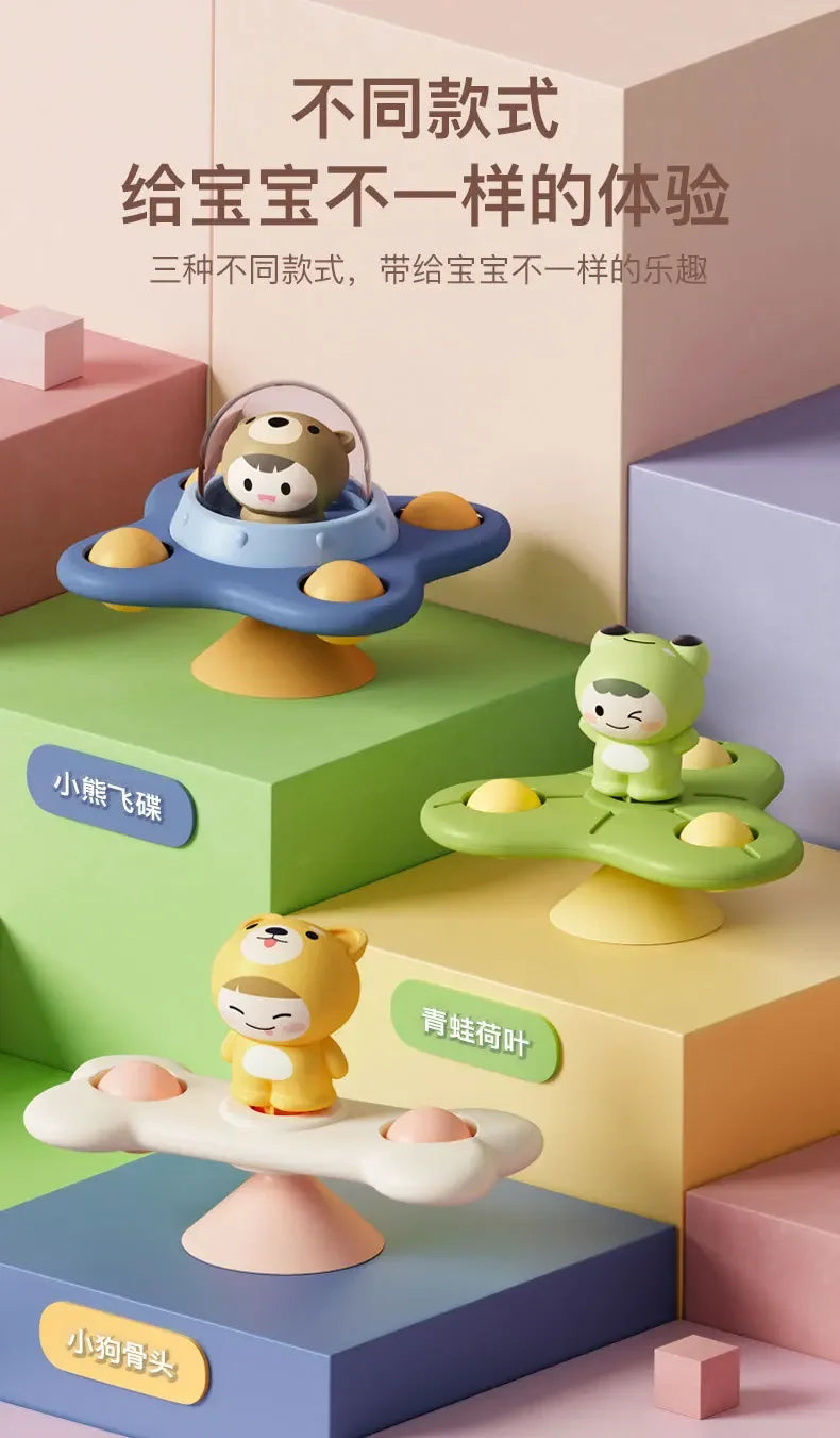 Three different style suction cup spinner bath toys for toddlers shown in various colors and arrangements.