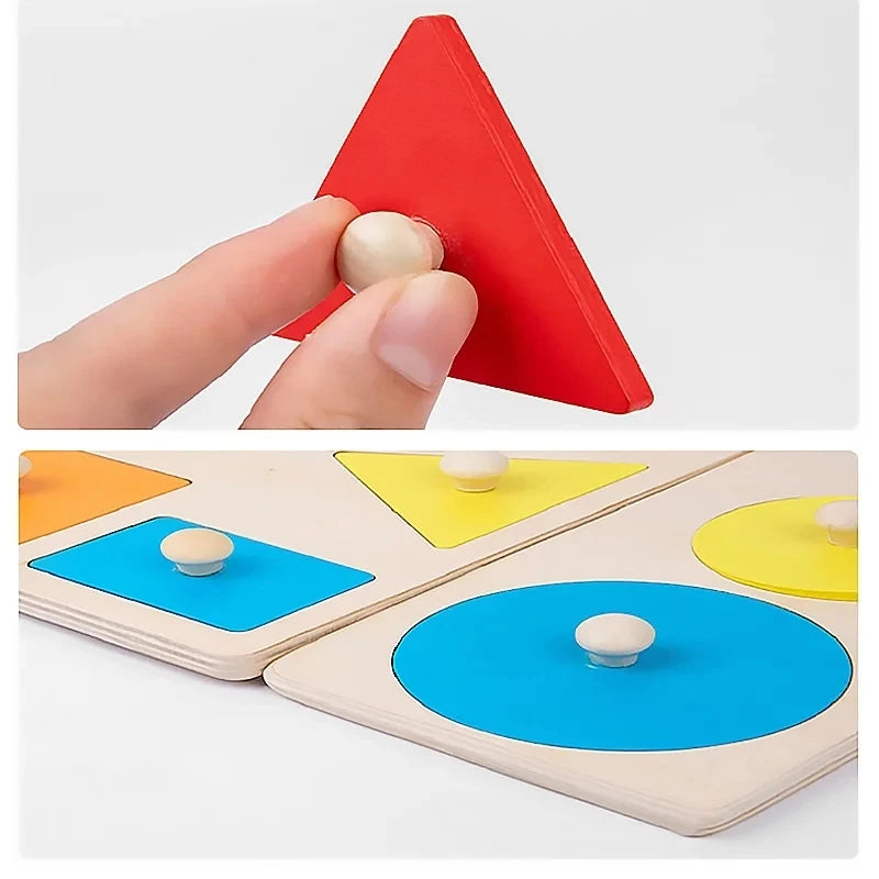 A red triangular wooden shape sorter puzzle with a small white peg being inserted by a finger.
