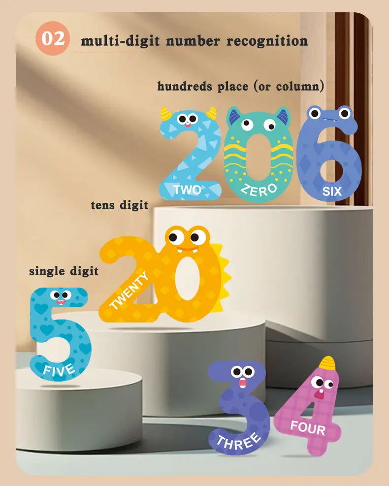 A set of magnetic number recognition puzzles showing multi-digit numbers like 206 and single digits such as 5, 20, and 34.