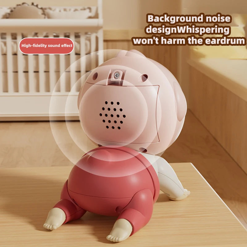 A pink interactive crawling baby doll is shown on a wooden surface with a white background and a crib in the blurred backgrou