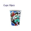 A plastic cup featuring an anime character design for a birthday party decoration set.