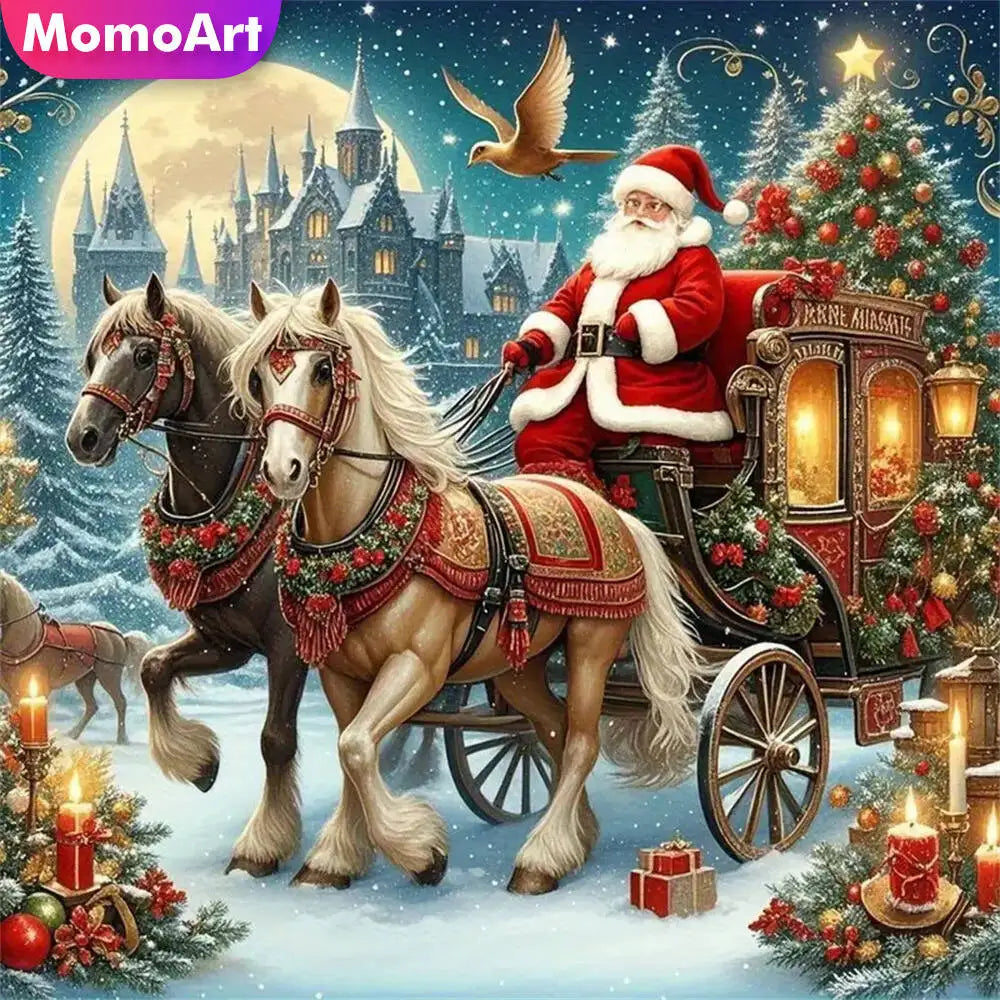 A festive scene featuring Santa Claus and horses in a winter landscape, suitable for a diamond painting kit.