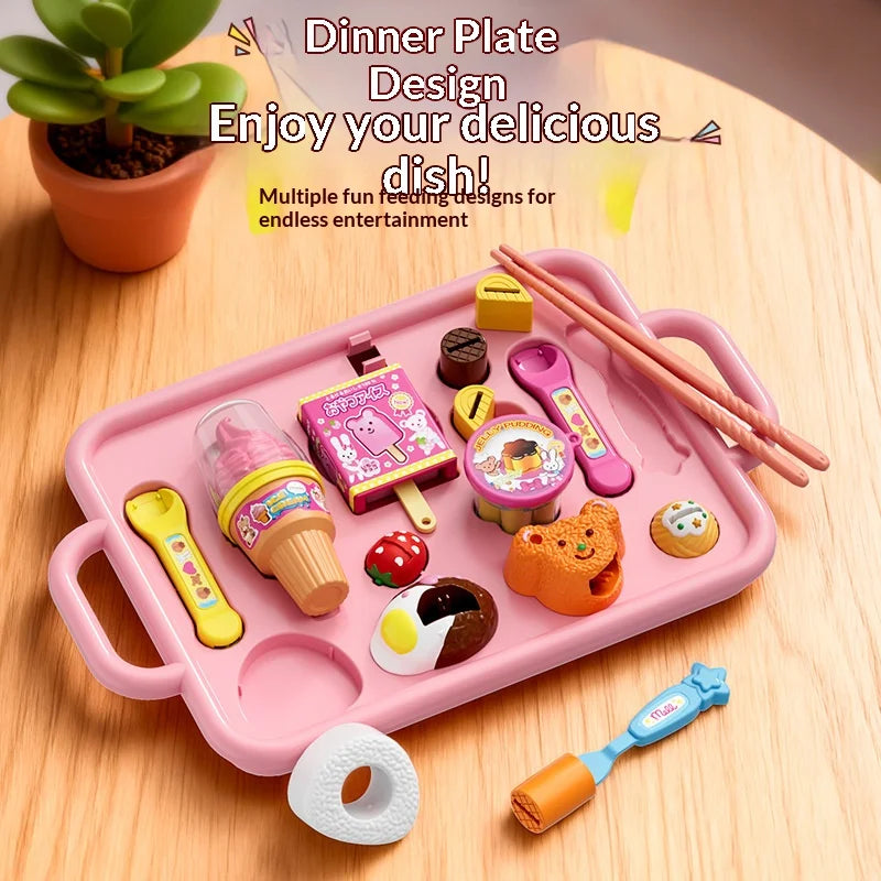 A pink dinner plate design tray filled with various food-themed pretend play items like fruit and utensils.