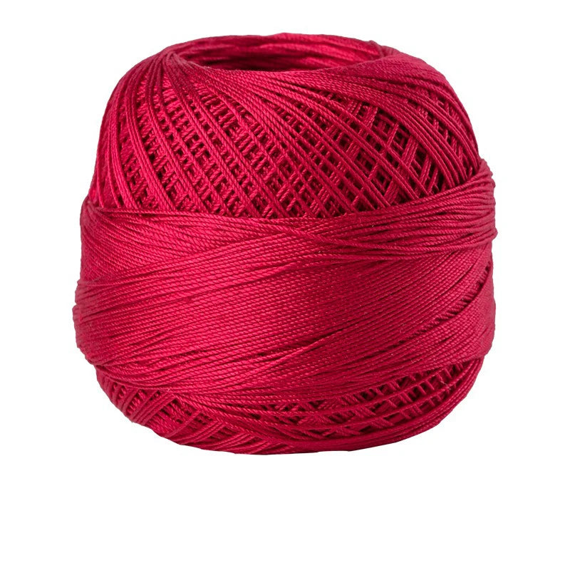 A ball of vibrant red crochet thread used for tatting and embroidery.
