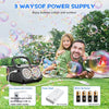 A family enjoying bubbles outdoors with an automatic bubble machine and power bank batteries