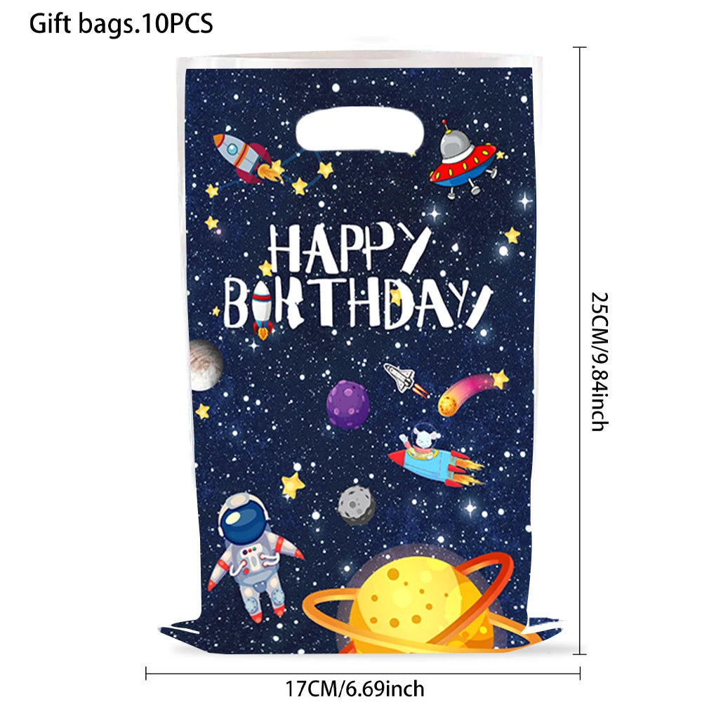 A gift bag featuring a dark blue outer space theme with stars, planets, and a happy birthday message.